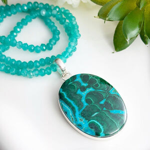 Large Top Quality Pure Sterling Silver 925 Malachite Chrysocolla Pendant